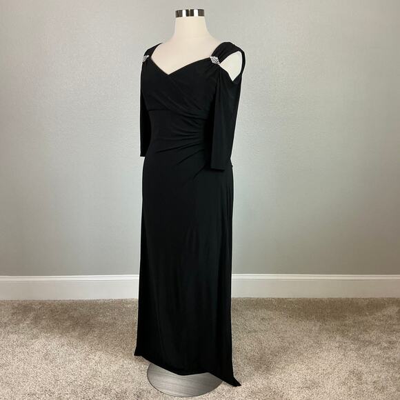 Beaded Long Sleeve Cut Out Shoulder Evening Gown Black Size 16 R&M Richards - Picture 4 of 12